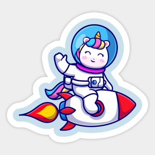 Cute Unicorn Astronaut Riding Rocket And Waving Hand  Cartoon Sticker